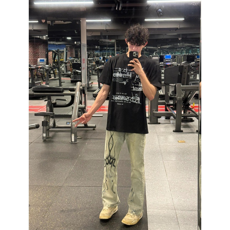 American fashion brand high street flame residual shadow slim fit micro flared jeans Vibe style pants for men, washed_voghion.com