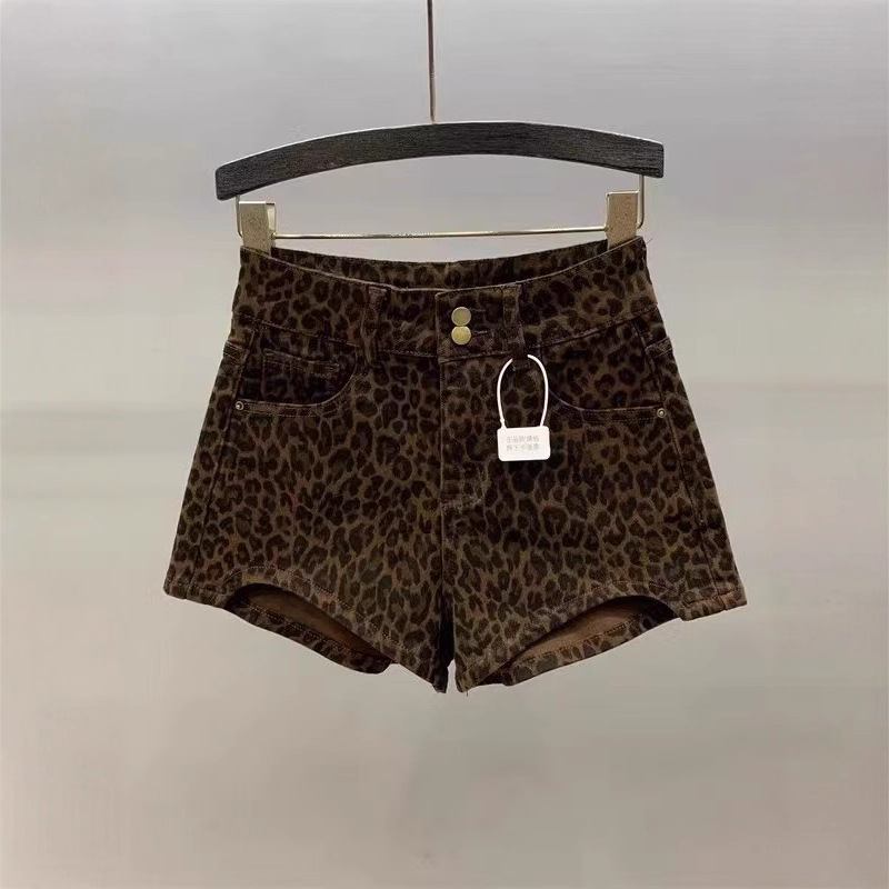 Cross-Border New Leopard Print High-Waisted Denim Shorts for Women, Summer Fashion, Slimming Hot Girl Style, Stretchy Three-Quarter Shorts