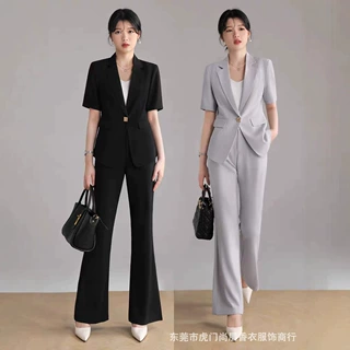 短袖西装套装女夏季薄款跨境外贸面试正装职业微喇裤西服两件套