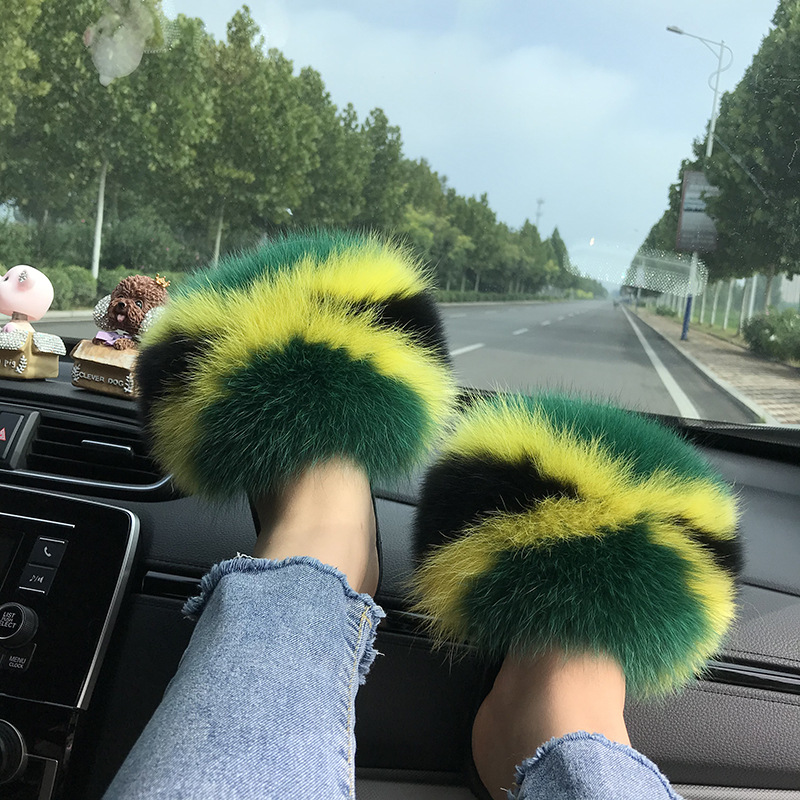 Wish New European And American Internet Celebrity Fox Fur Slippers For Women, Outdoor Home Furry Slide Sandals,_vogvips.com