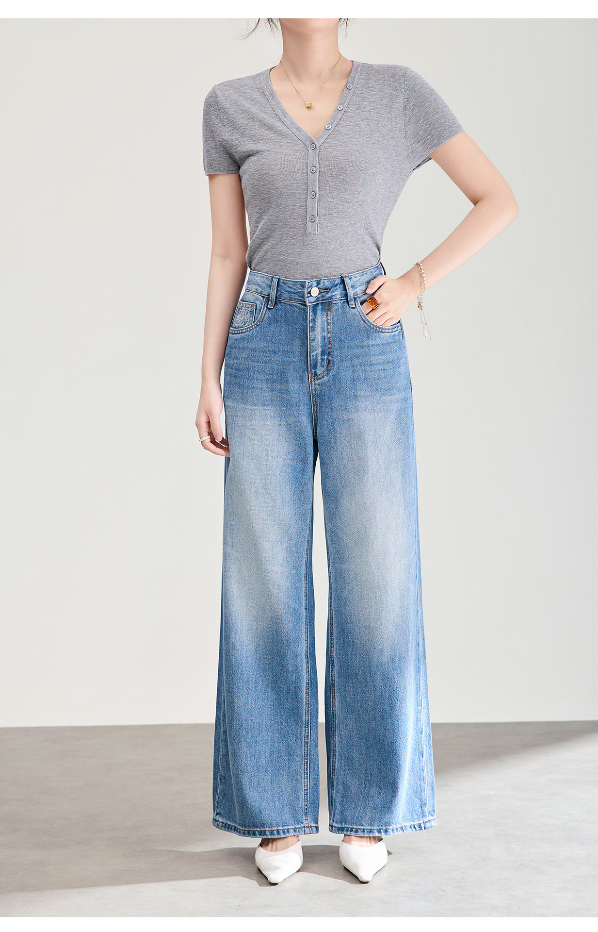 Quần jean ống rộng vải Tencel cotton phong cách retro, dáng suông rũ nhẹ mùa hè — xanh lam chi tiết 22