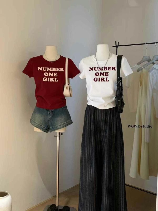 白色字母短袖t恤女夏季2025新款设计感掐腰修身显瘦高腰辣妹上衣|undefined
