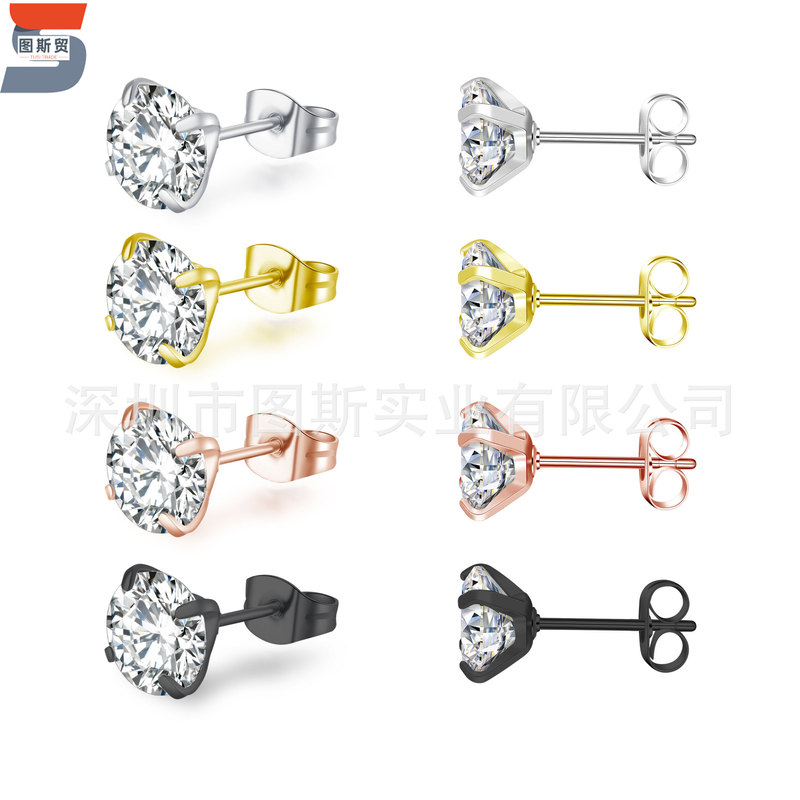 Tus jewelry titanium steel four claw AAA zircon fine needle earrings vacuum plating zircon stainless steel rose gold earrings