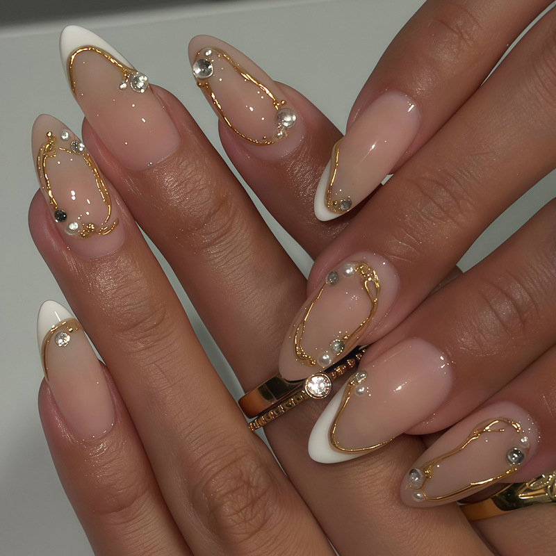 3D Three-Dimensional French-Style Almond-Shaped Nail Tips, Fashionable White French-Style with Gold Stripes, Cute Pearl Design 3D Three-Dimensional French-Style Almond-Shaped Nail Tips, Fashionable White French-Style with Gold Stripes, Cute Pearl Design