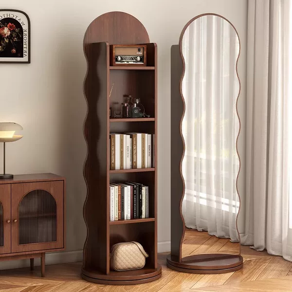 Wavy Rotating Dressing Mirror, Movable Mirror, Bookshelf, Storage Mirror, Floor-Standing Full-Length Mirror, Full-Length Floor Mirror