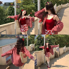 レトロスウィートレッドカジュアルチェック柄シャツジャケット秋の女性の春と夏の韓国スタイルのルーズミッドレングス日焼け止めシャツトレンディ