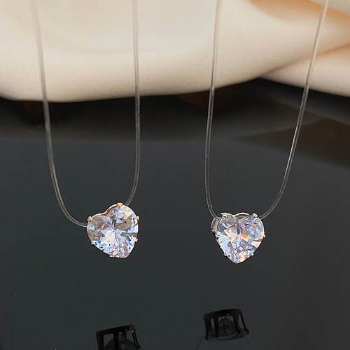 Cross-border new transparent invisible fishing line necklace, personal temperament zirconia heart lockchain, mermaid tear necklace, trendy
