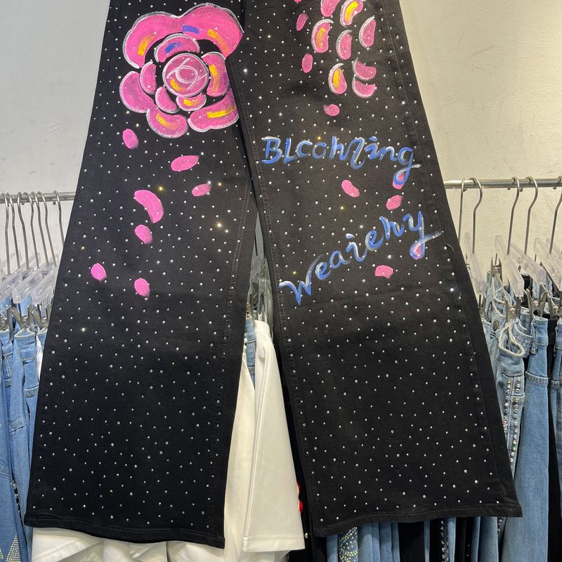 小众设计感手绘粉色花牛仔裤女重工烫钻时尚宽松直筒阔腿长裤|undefined