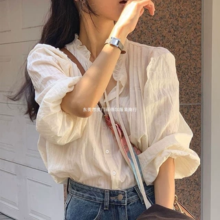 春夏季高级感韩版小众设计七分袖衬衫超仙宽松显瘦薄款防晒外搭衬