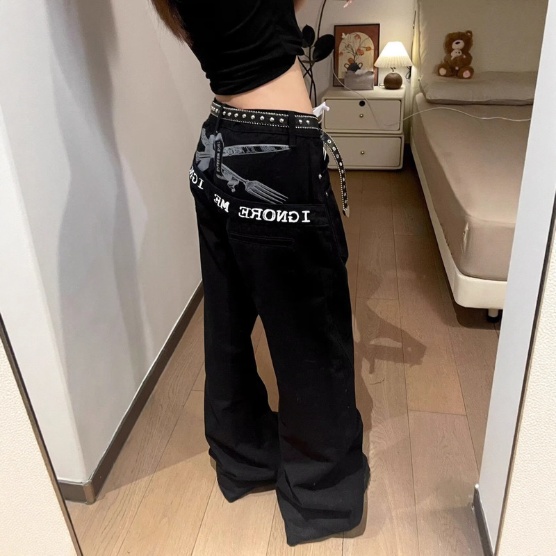 2025 American Style Plus Size Slogan Letter Silhouette Patchwork Jeans for Women Trendy Personality Scimitar Long Pants