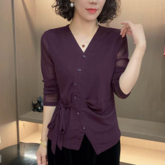 一件代发直播爆款2025春秋季新款网纱系带长袖T恤女士打底衫上衣