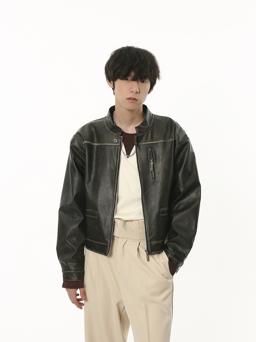 MTLCLOTHES Hombres| 2023 otoño vintage locomotora chaqueta de cuero negro abrigo corto suelto pu piel de moda