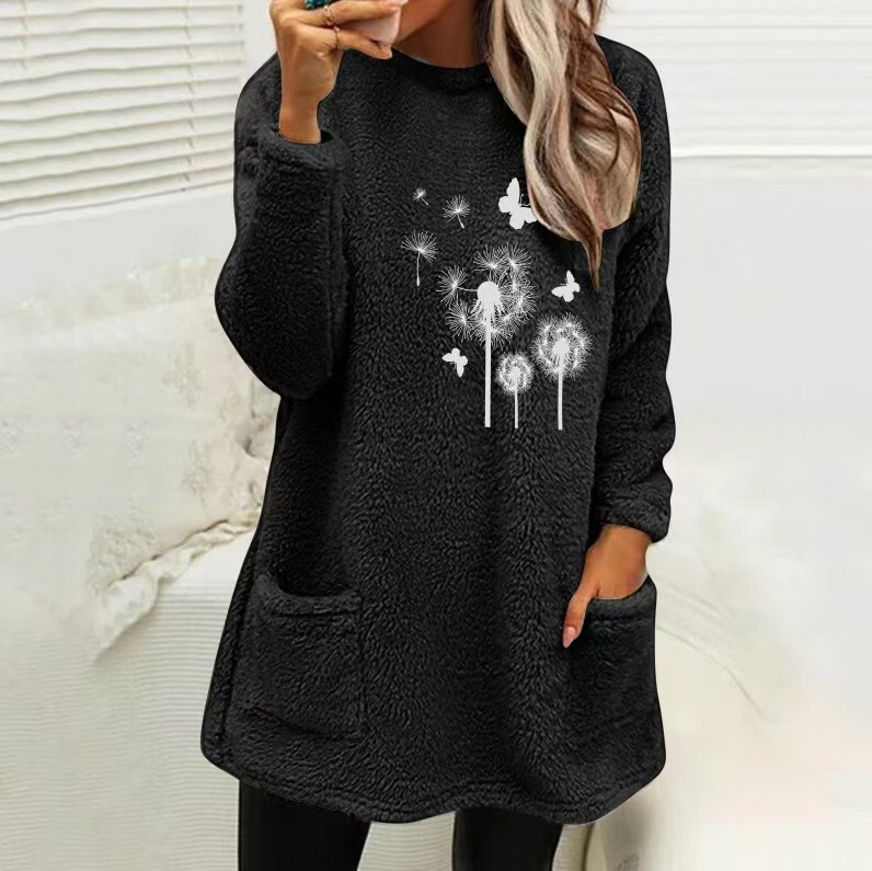 Autumn and winter cross-border Amazon European and American women's round neck loose long sleeve pocket dandelion embossed double-sided velvet sweater women