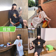 le rouge周美美 趣味小狗印花慵懒百搭宽松灰棉柔白色短袖T恤