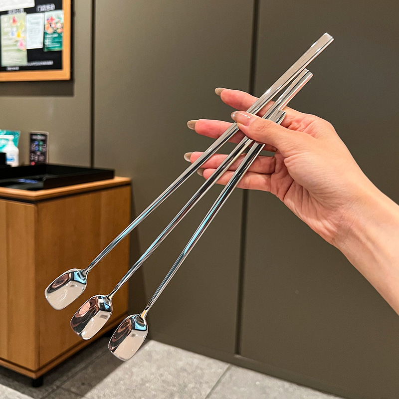 Long-Handled 316 Stainless Steel Stirring Spoon, Square-Head Ice Spoon, Extended Honey Spoon, Milk Tea Coffee Spoon, Mixing Stick