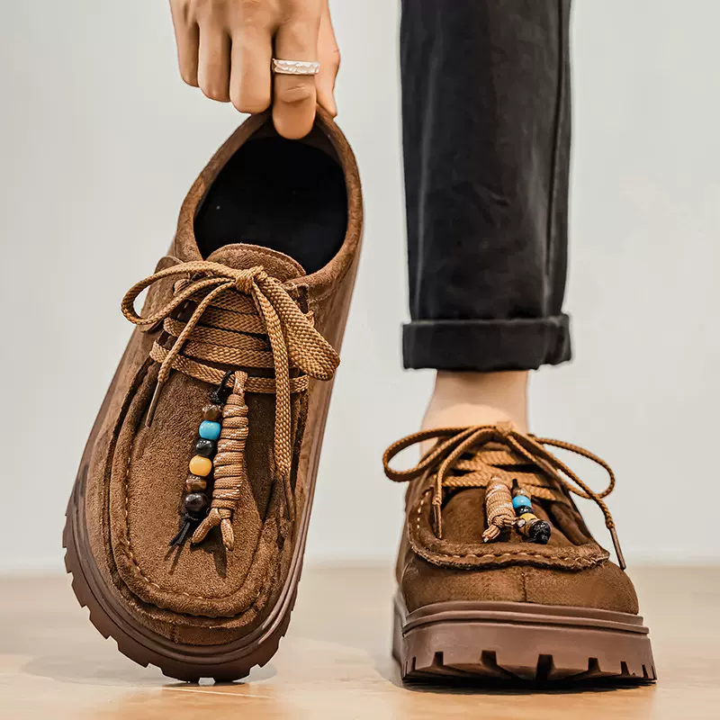 男鞋春秋季新复古平底圆头单鞋男款青少年串珠低帮潮流休闲勃肯鞋