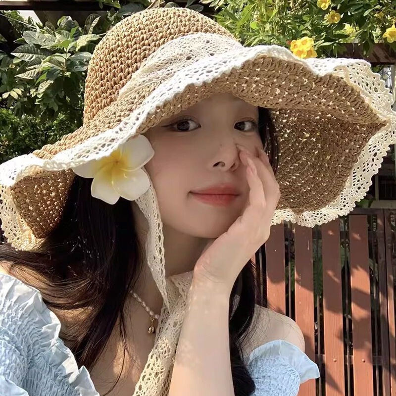 Seaside Resort Style Hat, Internet Celebrity Hat, Straw Hat, Lace Large Brim Hat, Full Face Covering Sun Protection Hat