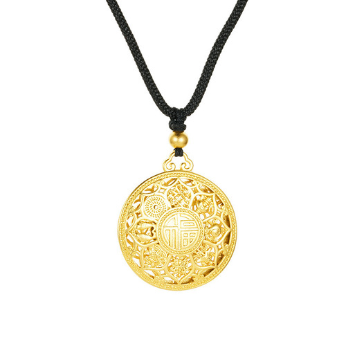 Eight Treasure Lotus Compass Pendant Gold-plated Brass Necklace Hollow Fortune Character Round Pendant Knitted Jewelry Wholesale