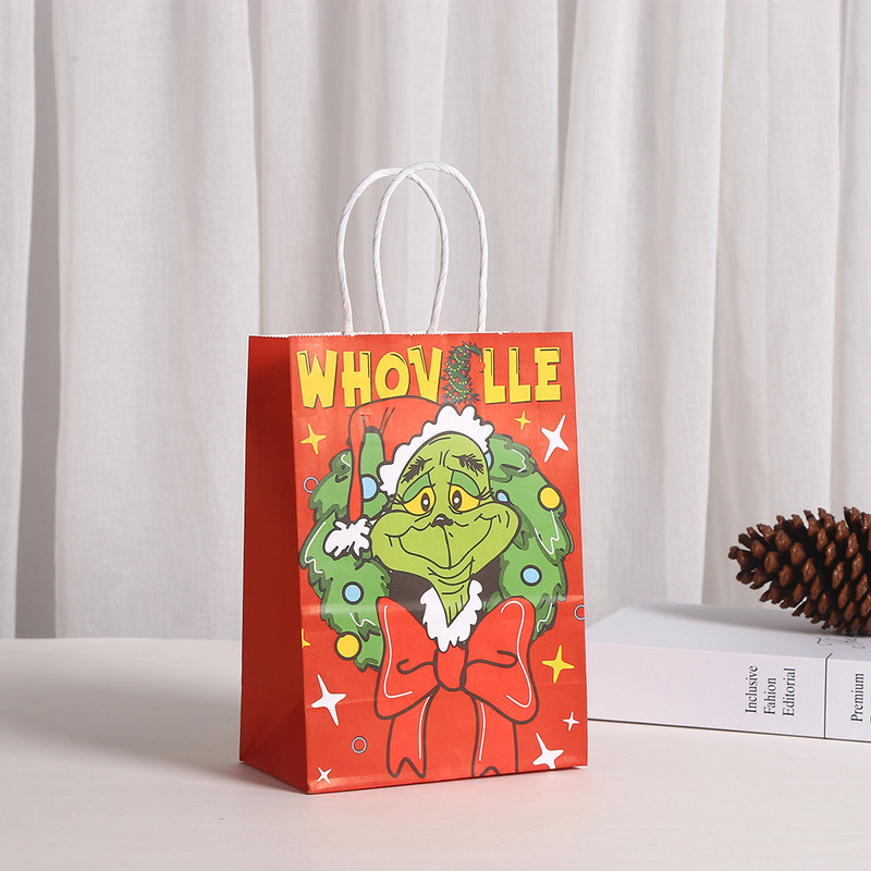 グリンチのクリスマスをテーマにしたギフト包装袋、漫画風パーティーギフト包装袋、ハンドバッグ、クラフト紙|undefined