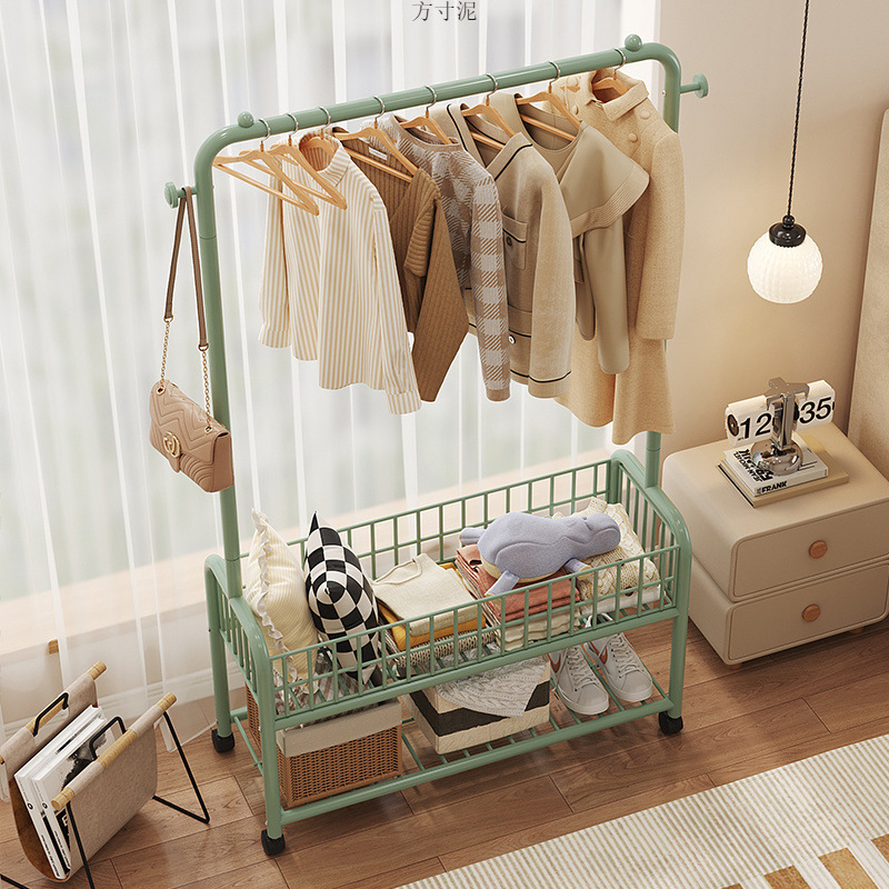 Simple Floor-Standing Clothes Hanger for Home Use, Mobile Bedroom Bedside Clothes and Bag Storage Rack, Coat Rack