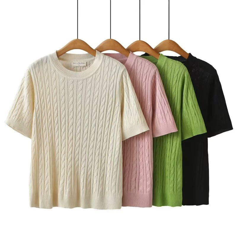 2025 новый летний стиль большой размер толстая сестра дизайн чувство льняного шелка сплошной цвет свитер с короткими рукавами 724