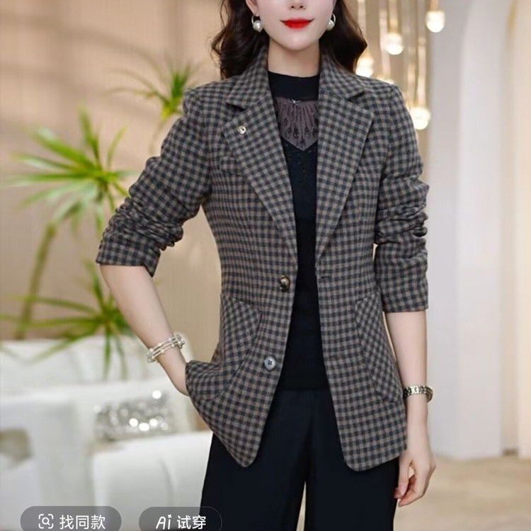 一件代发直播爆款2025秋季新款时尚翻领格子长袖中长款小西装外套