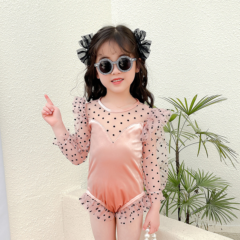 Traje de baño para niños y niñas 2023 nuevos niños con volantes de una sola pieza de manga larga lindo vestido de princesa traje de baño de aguas termales