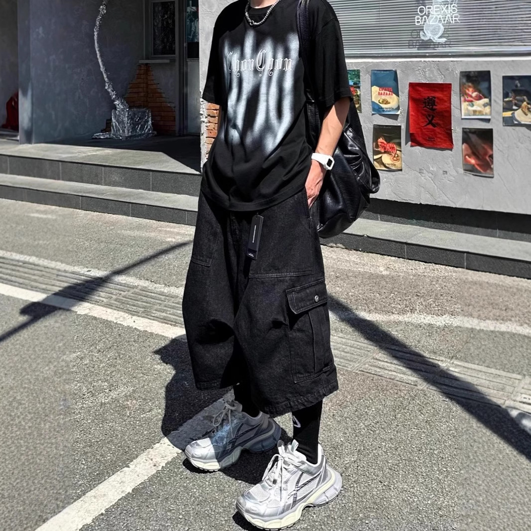 American Retro High Street Pocket Cropped Pants for Men, Niche Loose Washed Vintage Wide-Leg Denim Cargo Mid-Length Pants