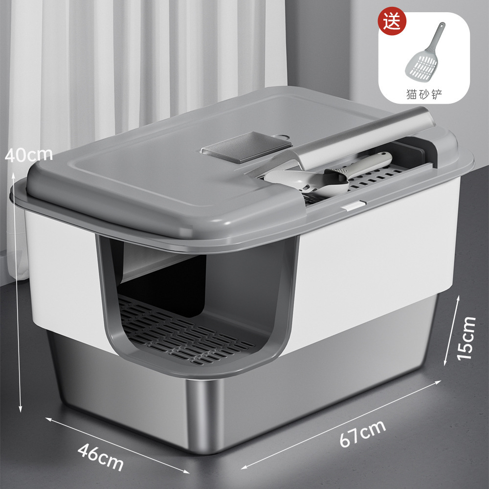 Pasillo tipo lavabo de arena para gatos de acero inoxidable de gran tamaño semicerrado inodoro para gatos anti-exterior para artículos de mascotas