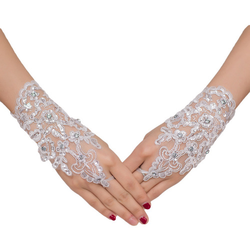 Bride's Wedding Gloves, Sunscreen Lace Gloves, Edge Lacing, Hollow Setting Stones, Fingerless Net Gloves, Short Gloves