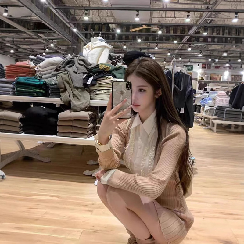 JMSHOP New York Yego Knitted dress Women's Inner Skirt Fake Two-piece Stitching Shirt Collar Skirt Pleated Skirt