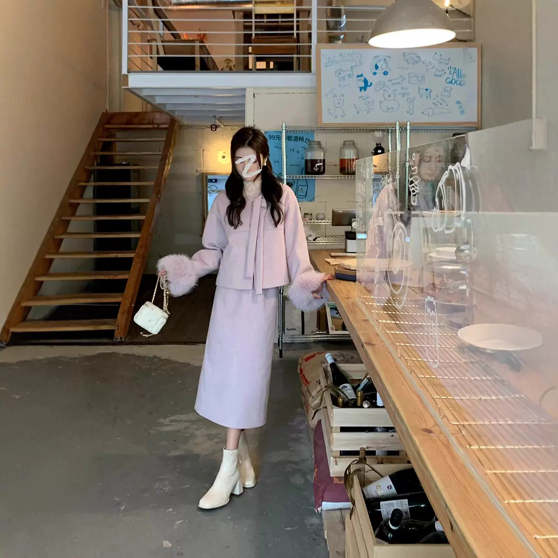 51974紫色毛呢2025冬季新款小香风温柔气质休闲上衣半身裙两件套