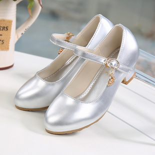 Girls Leather Shoes High Heeled Princess Shoes Spring and Autumn New Korean Style Children's Shoes Little Girls Crystal Shoes for Children