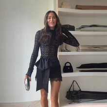 跨境速卖通2025秋冬新品轻熟风缎面蝴蝶结蕾丝紧身上衣短裙两件套