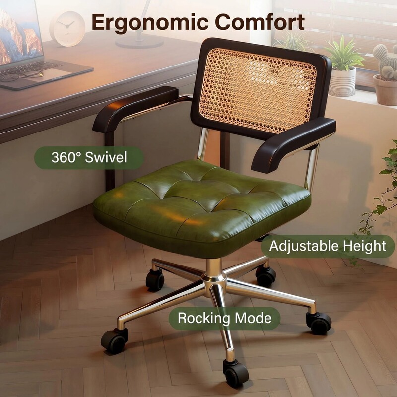 Vintage-Style Computer Chair for Home Use, Rattan Woven Retro Swivel Office Chair, Study Room Bedroom Study Chair with Backrest, Desk Chair