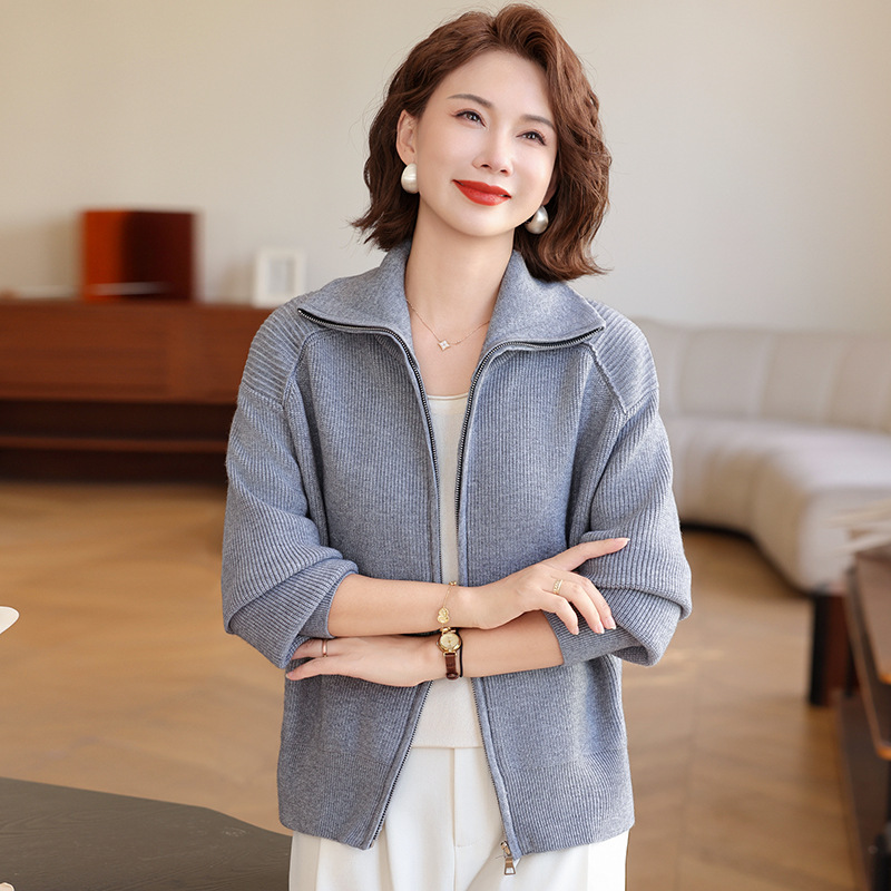 洋气妈妈秋季新款针织拉链上衣气质夹克中年女士春秋时尚休闲外套|undefined