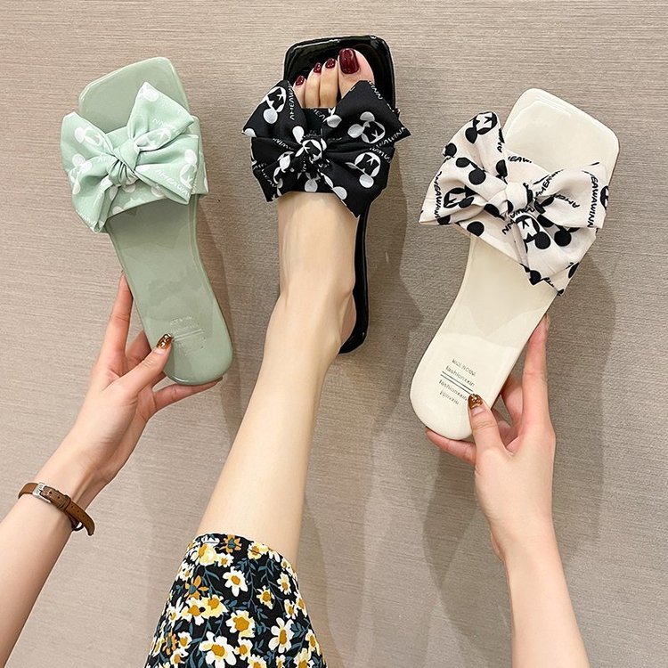 2021夏季新款甜美蝴蝶结平底拖鞋女外穿露趾一字拖沙滩凉拖批发