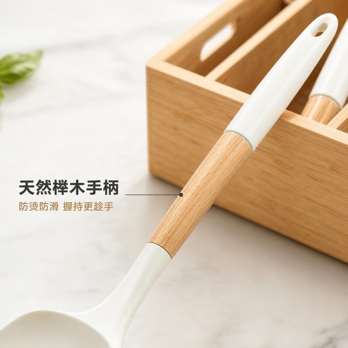 Kaymaz Uçlu Ahşap Saplı Silikon Mutfak Eşyası Tencere Kepçesi Seti Mutfak Aletleri Pişirme Wok Spatulası Çorba Kaşığı Kepçe Seti