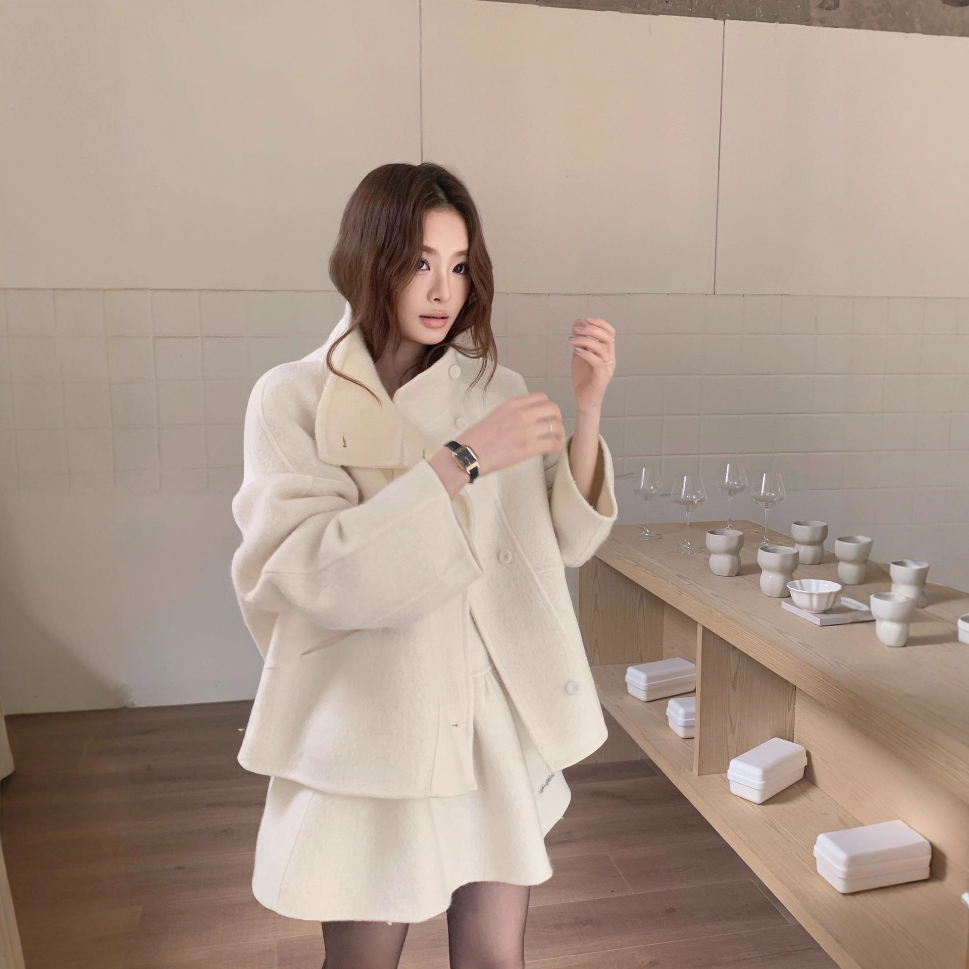 25冬韩国东大门双面手缝羊毛大衣女套装立领上衣短裙两件套CF-802