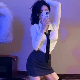秋季套装纯欲收腰白色衬衫女修身显瘦辣妹上衣长袖衬衣半身包臀裙
