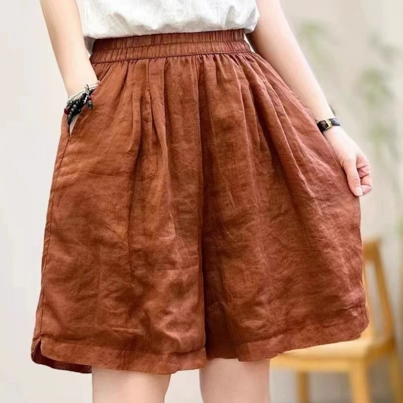 Новые шорты из тонкого рами на 100 штук, летние литературные тонкие свободные шорты для похудения с эластичной резинкой на талии, повседневные широкие шорты, шорты