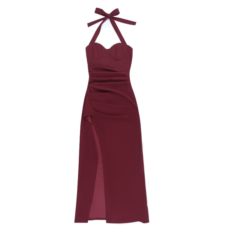 Halter Neck Long Dress Elegant Tie Up Bust Ruffle Slit Design Fashionable Dress_ecoleips.com