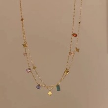 双层叠戴星星彩色锆石项链女夏季轻奢小众设计简约气质锁骨链