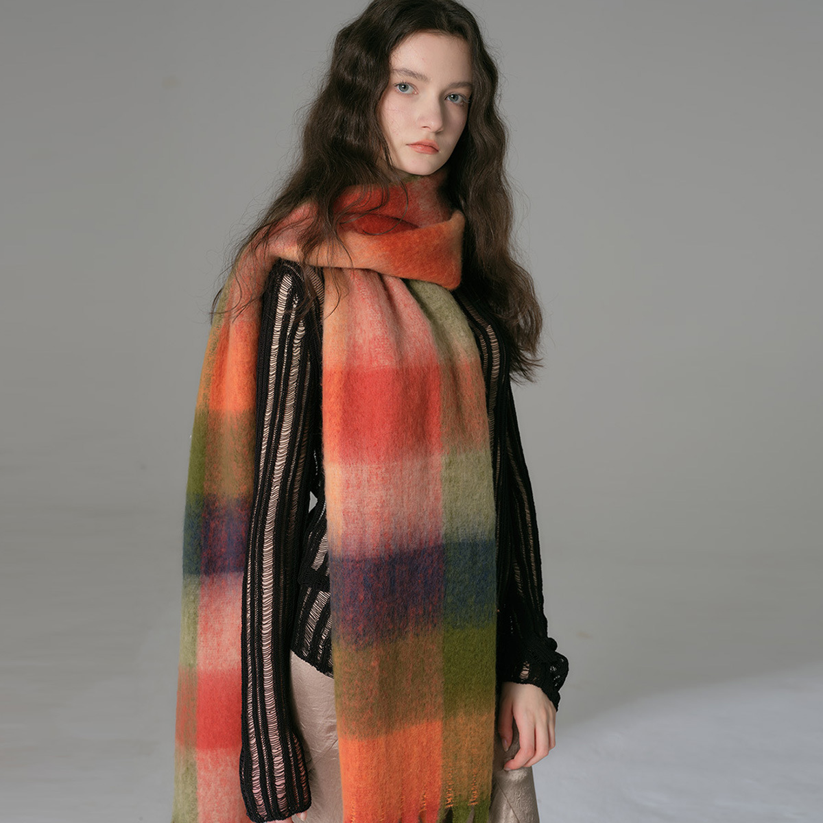 Nuova sciarpa scozzese con frange grossolane di zucchero filato per donna, scialle oversize con bavaglino abbinato in colori morbidi e invernali_voghion.com