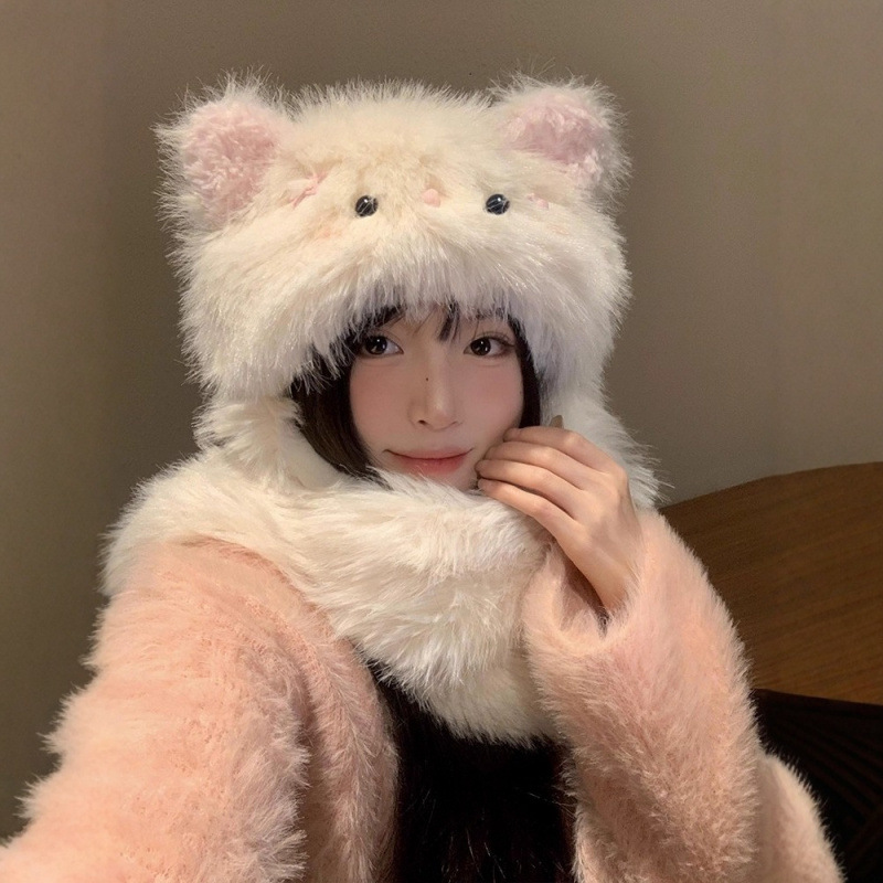 겨울 여성 고양이 귀 털모자 목도리 일체형 방한 방풍 보온 모자