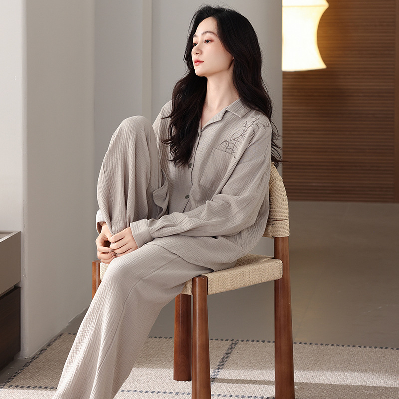 睡衣女春秋款梭织纯棉纱布长袖女款秋季全棉薄款可外穿秋冬家居服