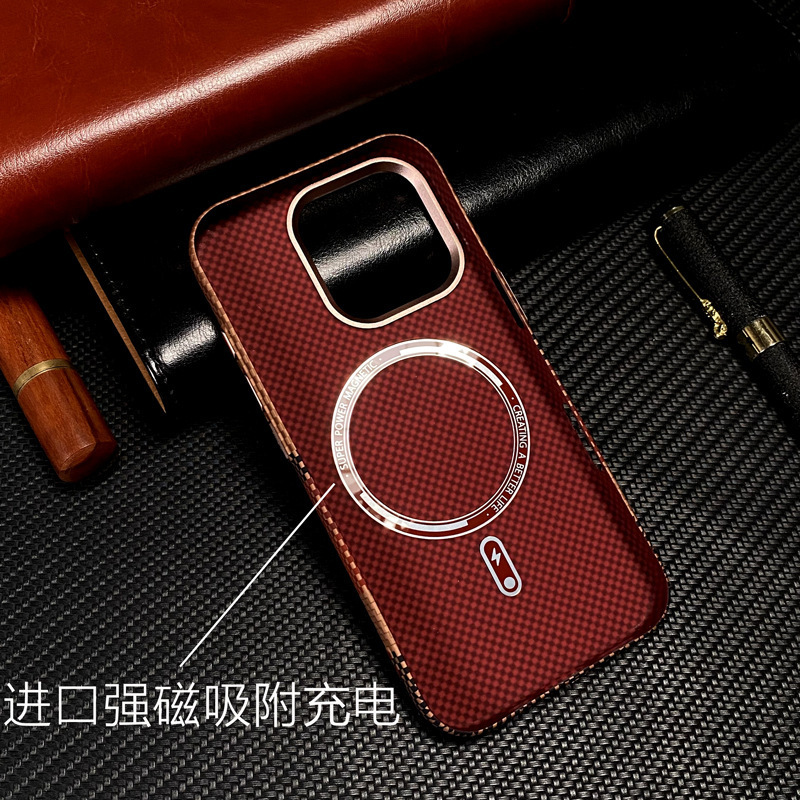 外国貿易に適した iPhone16pro ケブラー磁気電話ケース Apple 15pro メタルフレーム保護カバー|undefined