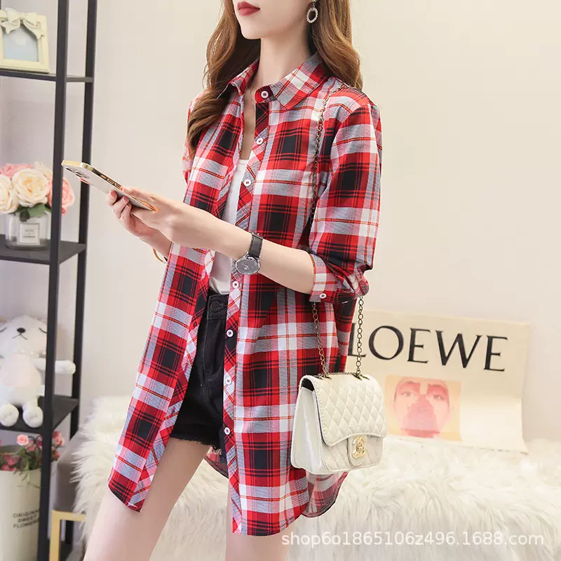 文艺复古中长款格子衬衫女长袖宽松春秋款气质上衣显瘦防晒外套潮