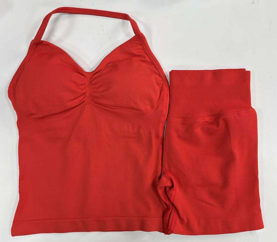 Conjunto DF Amazon pantalones cortos explosivos sujetador pequeño alto elástico superfino nailon halter cuello hermoso chaleco deportivo trasero
