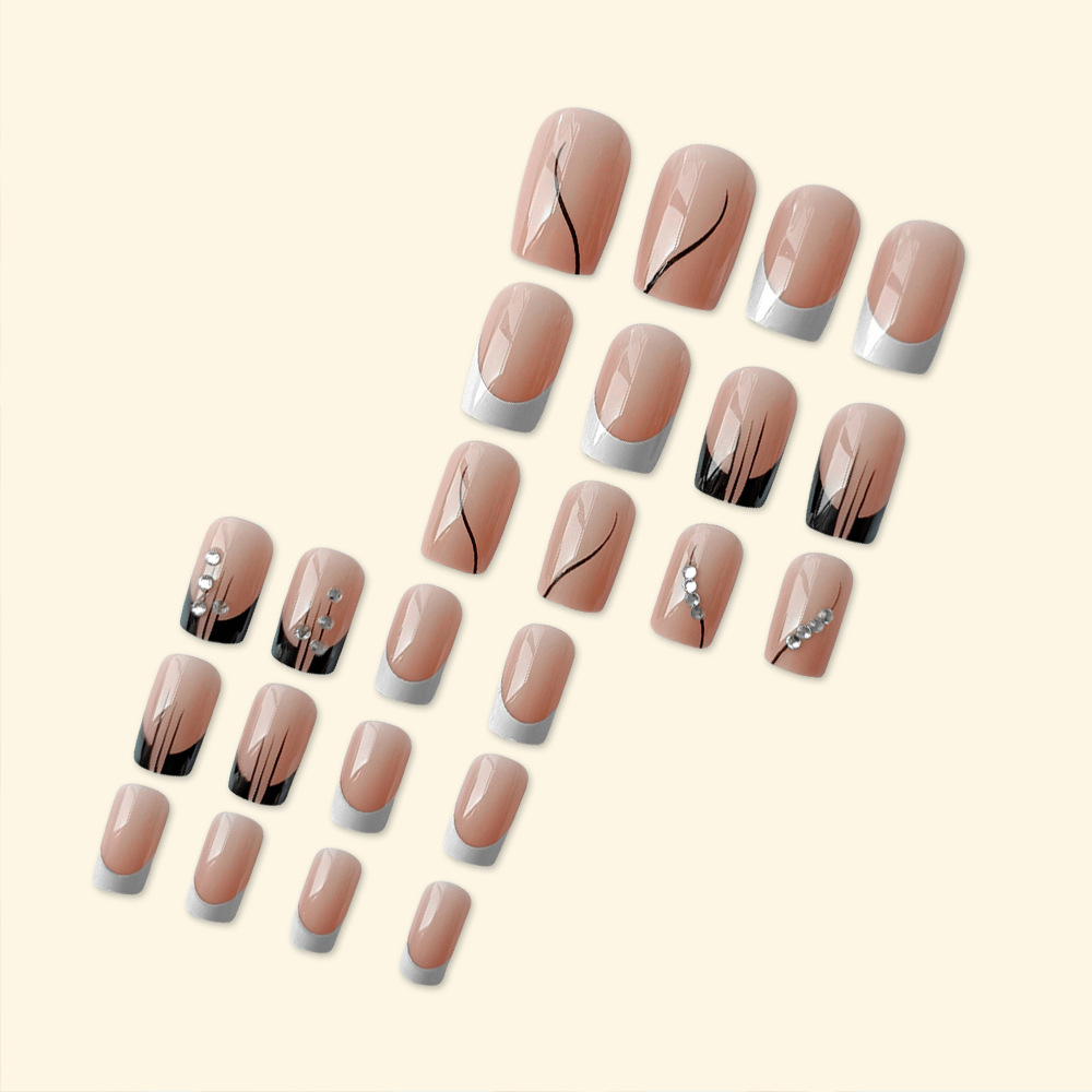 Europa, América, blanco y negro, estilo francés, diamante de manicure, moda exquisita, uso de uñas largas, 24 piezas de parche de uñas terminadas